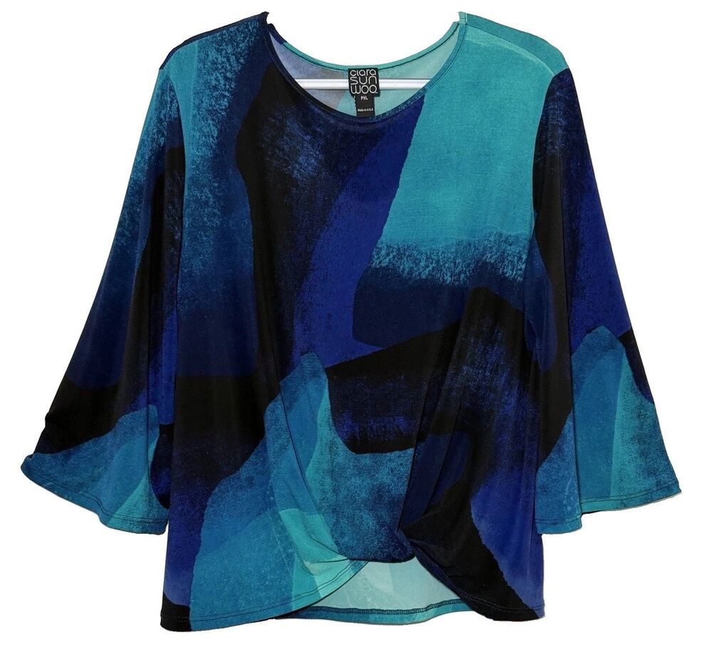 Clara Sun Woo Women’s PXL Abstract Blue Teal Twist Front Bell Sleeve Top USA